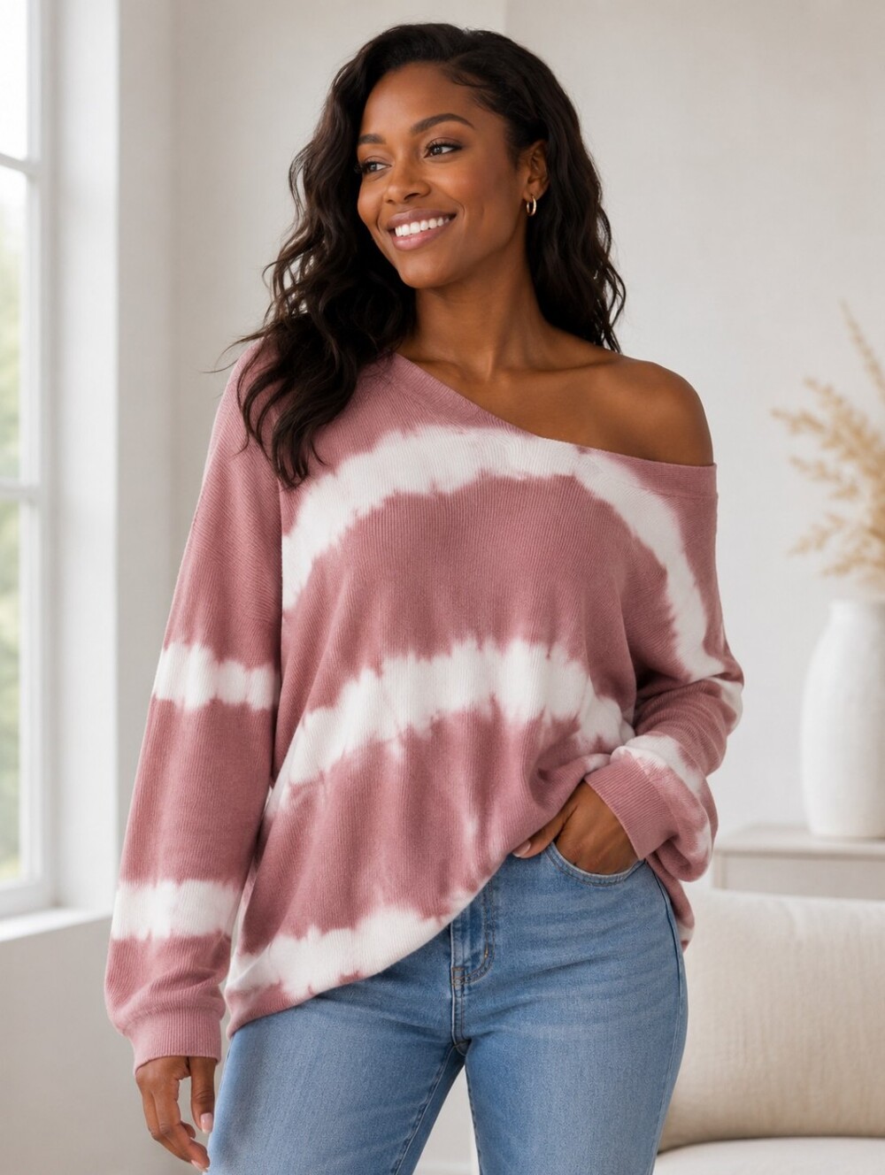 MACARON Dusty Rose and White Off-the-Shoulder Tie-Dye Sweater